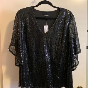 Roz & Ali Black top XL sequins and bell sleeves NWT